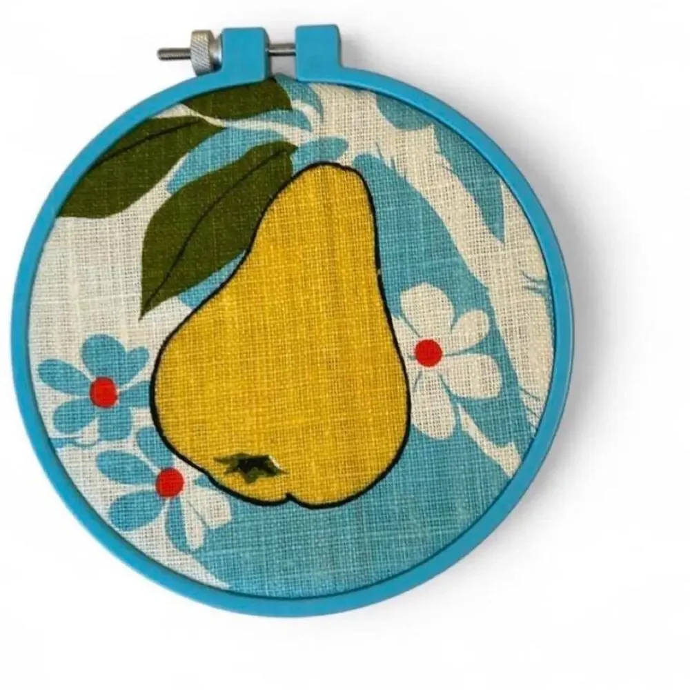 Set of three 5 inch linen upcycled retro style pear hoop art kitchen wall decor